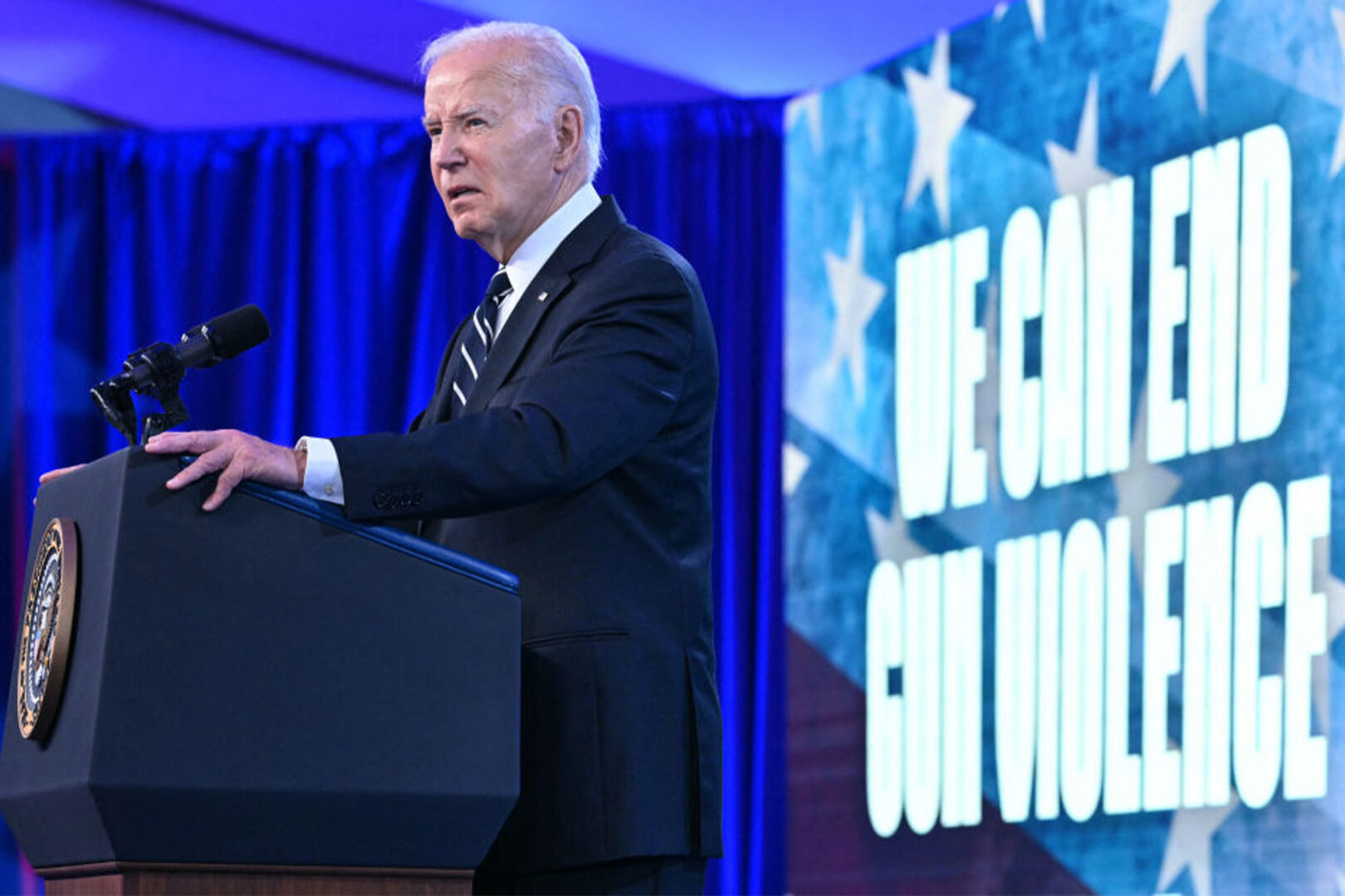 President Joe Biden speaks about gun safety at Everytown's Gun Sense University at the Washington Hilton on Tuesday. 